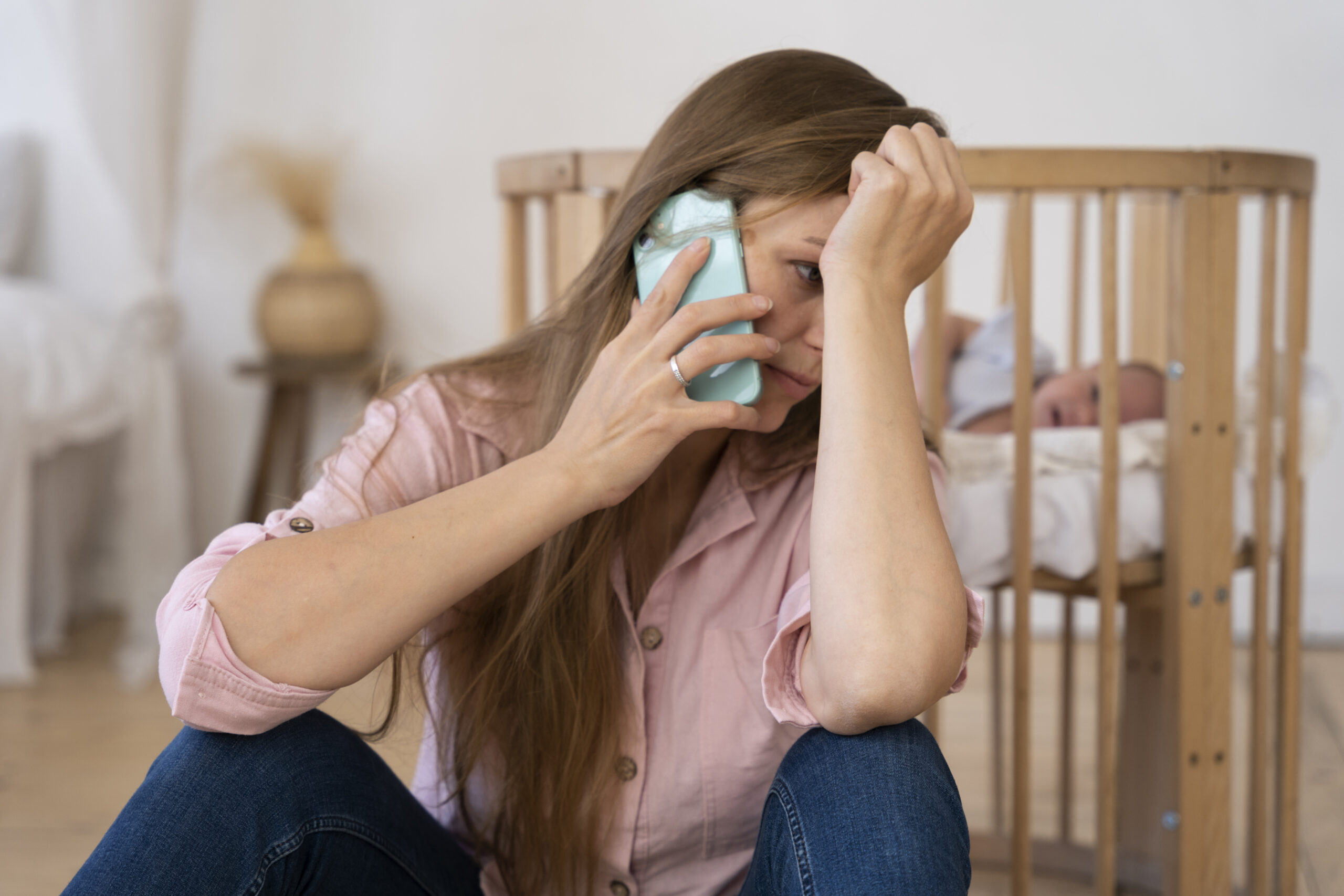 Mulher sentada, ao telefone, procurando saber sobre o auxilio maternidade desempregada